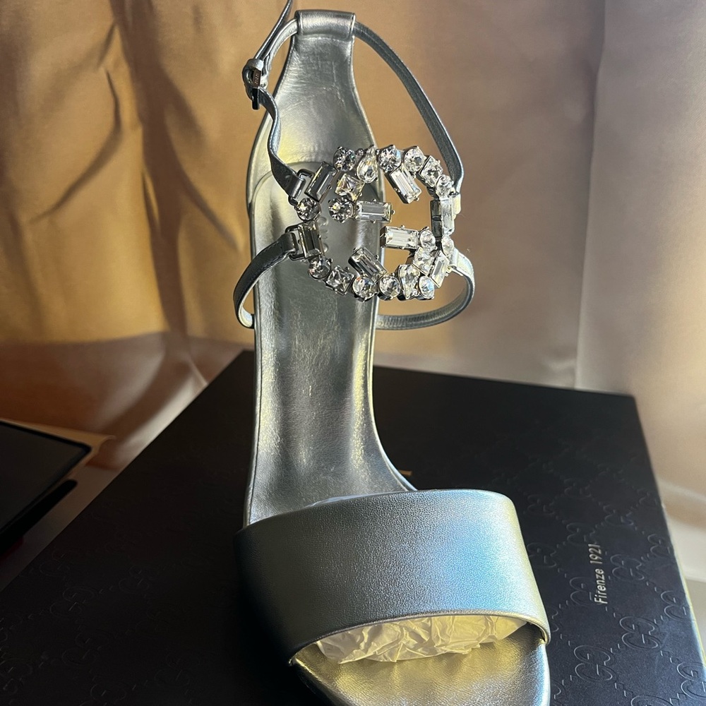 Gucci Silver Stilletto Heels with Interlocking Crystal GG